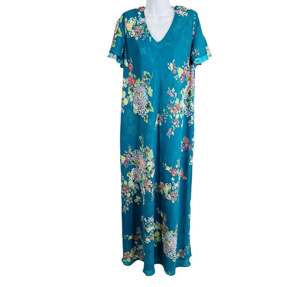 Vintage Y2K Blue Floral Maxi Slip Dress 18W Short Sleeve Lined